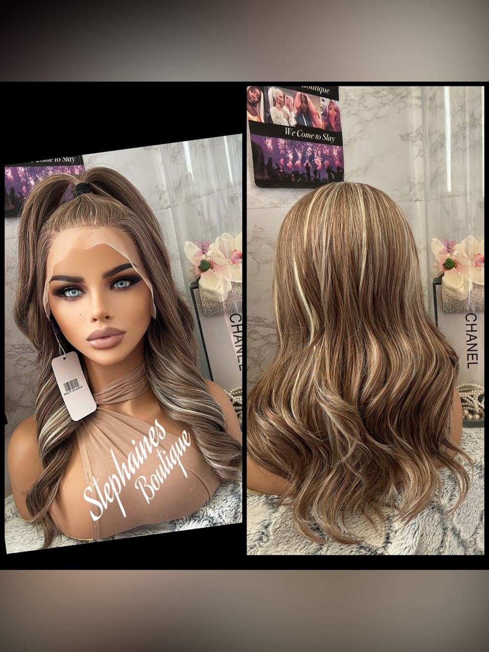 Brown Blonde Highlighted Lace Front Wig - Warm Brown with Blonde Highlights